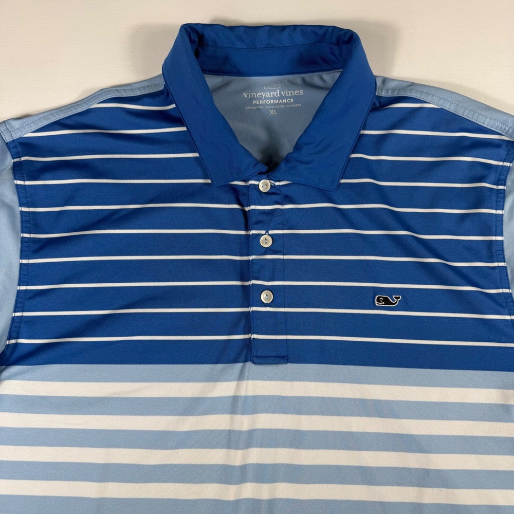 Vineyard Vines Polo Shirt Mens XL Performance‎ Striped Blue Two Toned